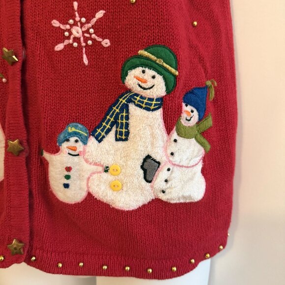 VINTAGE Red Snowman Christmas Sweater Vest | PL | Faux Fur Collar - Picture 4 of 13